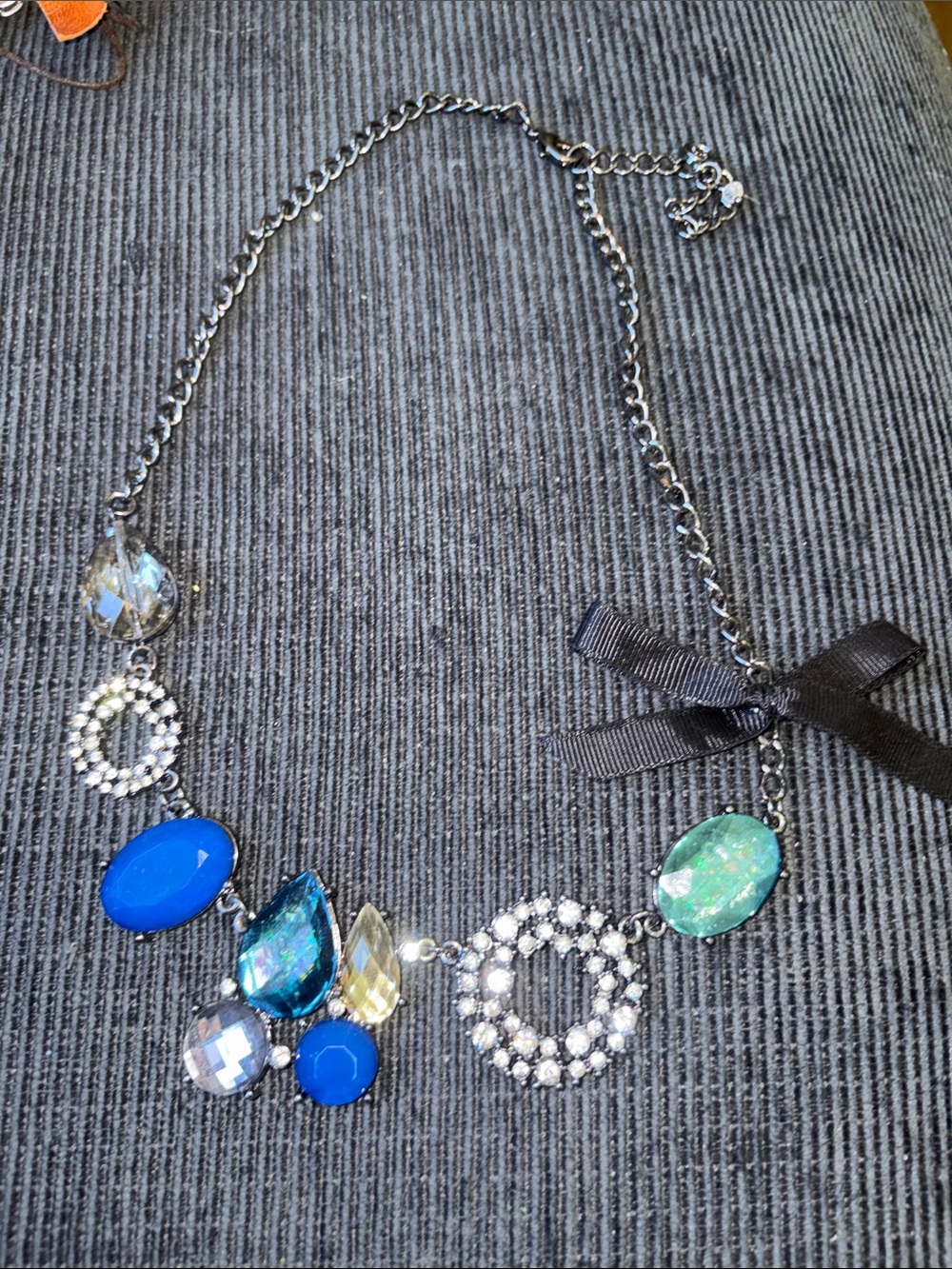18-Statement Blue and Teal Crystal Necklace with Black Ribbon